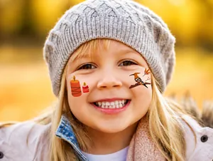 Macro detail of waterproof autumn harvest temporary tattoos with pumpkins and falling leaves