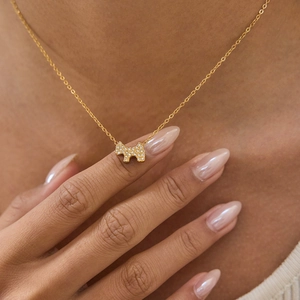 Collier en acier inoxydable plaqué or 18K avec pendentif chien scintillant sur mannequin