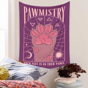 Bohemian purple tapestry featuring mystical cat pawmistry illustration for wall decoration