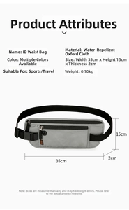 Water-repellent oxford cloth waist bag with detailed 35x15x2cm dimensions and earphone port