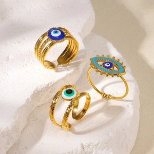 Evil Eye Ring Stainless Steel Gold Plated Enamel Adjustable Open Ring Bohemian Ethnic Jewelry For Women Men