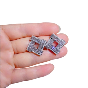 Elegant geometric square earrings with baguette crystals and pearl trim for women
