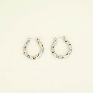 Silver stainless steel hoop earrings with red and blue rhinestones inlay