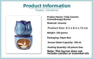 Detail showing tulip-shaped blue ceramic oil burner dimensions and 180ml water capacity