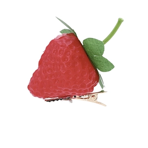 Cute realistic 3D strawberry hair clip with red resin fruit and green leaves on gold metal base