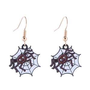 Detail of Halloween earrings featuring a brown cartoon spider and a black and white web