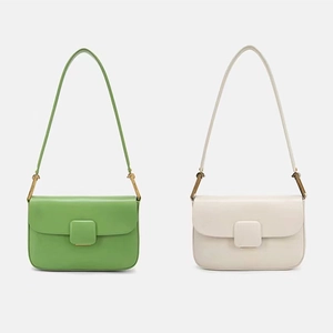 Minimalist square buckle crossbody bags in green and beige smooth faux leather