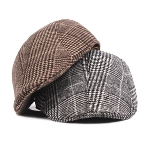 Classic plaid flat caps for men in brown and gray wool blend, vintage summer style