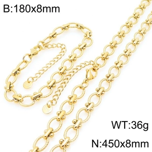 Vue détaillée du collier et du bracelet en acier inoxydable doré 18 carats avec dimensions