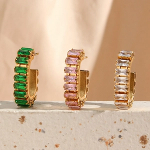 Hoop Earrings Stainless Steel 18K Gold Plated Geometric Rectangular Cubic Zirconia Minimalist Fashion Jewelry Women