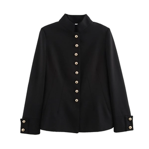 Women's casual navy blue stand collar blazer jacket with decorative gold metal buttons