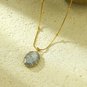 Fashionable retro stainless steel necklace with grey oval natural stone pendant