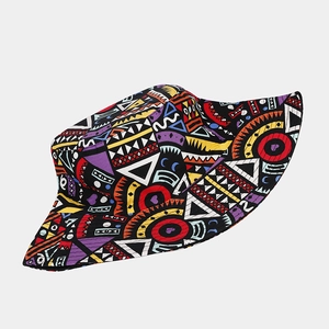 Ethnic bohemian print reversible bucket hat with colorful geometric patterns and wide brim