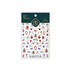 Alice in Wonderland 5D embossed nail stickers featuring rabbit, clock and heart motifs
