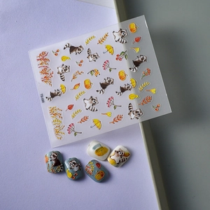 5D embossed pumpkin and raccoon nail stickers with autumn leaves for DIY nail art