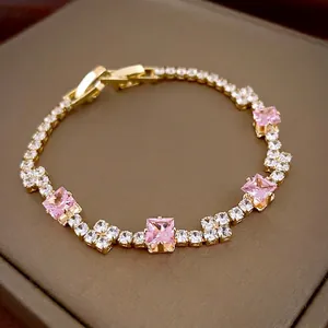 Tennis Bracelet Copper Pink Square Zircon White Round Micro Set Korean Style Elegant Sweet Jewelry For Women