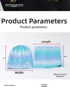 Guide des tailles indiquant les dimensions du bonnet en maille dégradé et du cache-cou