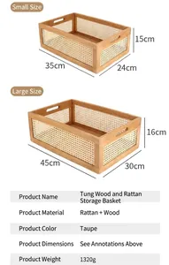 Detailed size specifications for small and large vintage woven bamboo storage baskets