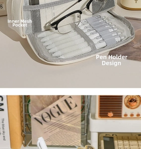 Detail view of large capacity pencil case interior with mesh pocket and elastic pen holders