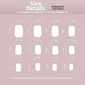 Detailed size chart for gold glitter press-on nails featuring 12 unique dimensions