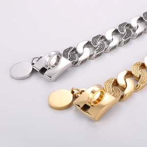Heavy 30mm Cuban link dog collar in gold and silver finish with custom tag and clasp