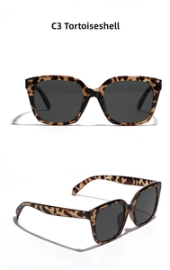 Detail view of C3 tortoiseshell oversized square sunglasses with dark lenses