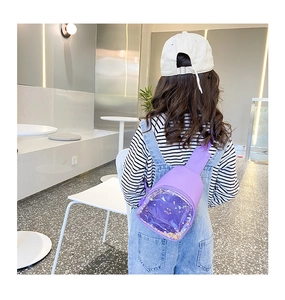 Rear view of child wearing purple transparent chest bag with colorful sequins and adjustable strap