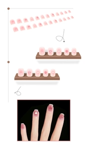 Pink gradient press-on nails with white heart designs and full application kit