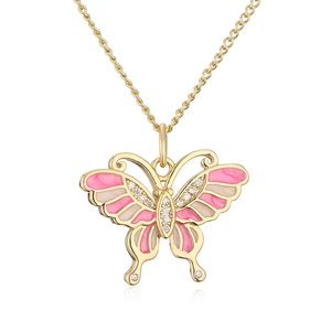 18K gold plated butterfly pendant necklace with pink enamel and sparkling crystals