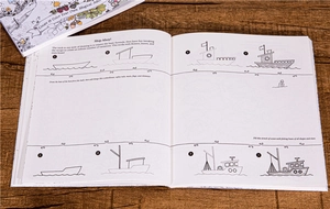Detailed four-step nautical ship drawing tutorial in Inky Wonderlands coloring book