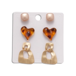 Set of 3 pairs including pink square studs, tortoiseshell heart earrings and gold geometry