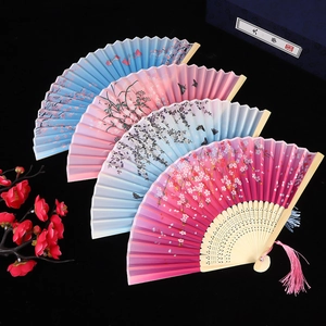 Folding Hand Fan Satin Cloth Bamboo Bone Hollow Carved With Tassel Vintage Chinese Style Women Floral Butterfly Pattern