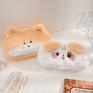 Cute fluffy dog-themed plush pencil cases in orange and white for students and desk storage