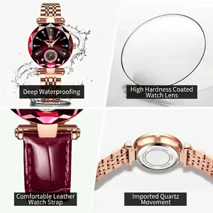 Waterproof quartz ladies watch with rose gold case, purple dial, and leather strap