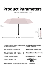 Detailed dimensions of a light pink automatic umbrella weighing 207g and 91cm diameter
