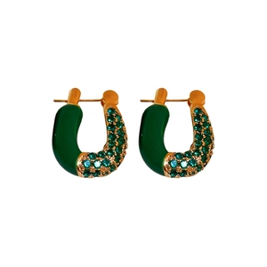 Retro U-shaped gold earrings with green enamel glaze and shimmering zircon stones