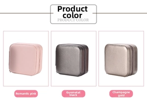Three square jewelry boxes in pink, gun black, and gold with zipper closure