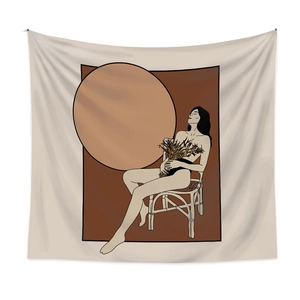 Minimalist wall tapestry featuring modern line art of a woman and dried flowers in earth tones