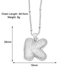 Detailed size parameters of silver K-letter bubble necklace with zircon inlay