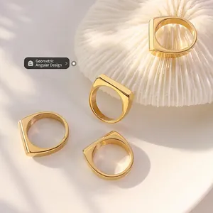 Minimalist gold-plated stainless steel rings with geometric rectangular designs for women