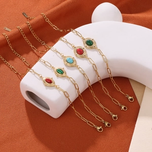 Vintage gold-plated stainless steel chain bracelets with colorful oval turquoise gemstones