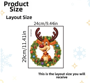 Detailed sizing chart for Christmas reindeer wreath window stickers measuring 24cm by 29cm