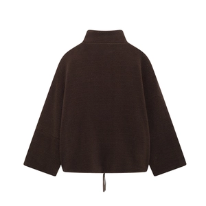 Back view of brown teddy fleece jacket with thick texture and adjustable drawstring hem