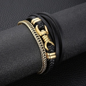 Men's multi-layer braided leather and gold stainless steel chain punk bracelet