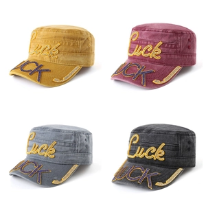Washed cotton cadet army cap with Luck rhinestone lettering in four vintage colors