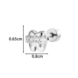 Cute silver tooth helix stud earring with three clear cubic zirconia stones and screw back