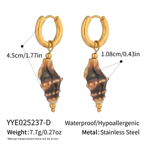 Detail view of waterproof stainless steel conch shell earrings with measurements and weight