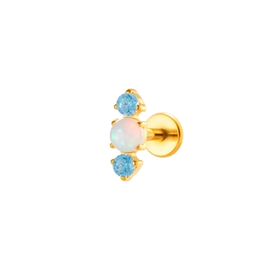 Titanium flat back stud earring with central white opal and two blue zircon accents