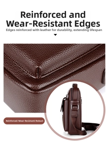 Detail view of reinforced edges and lychee grain texture on brown men's crossbody bag