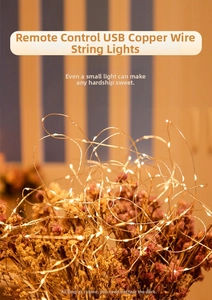 Detail of USB remote copper wire LED lights wrapped around dried lavender and flowers